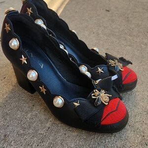 Black and Red Pearl-Embellished Women's Block Heels